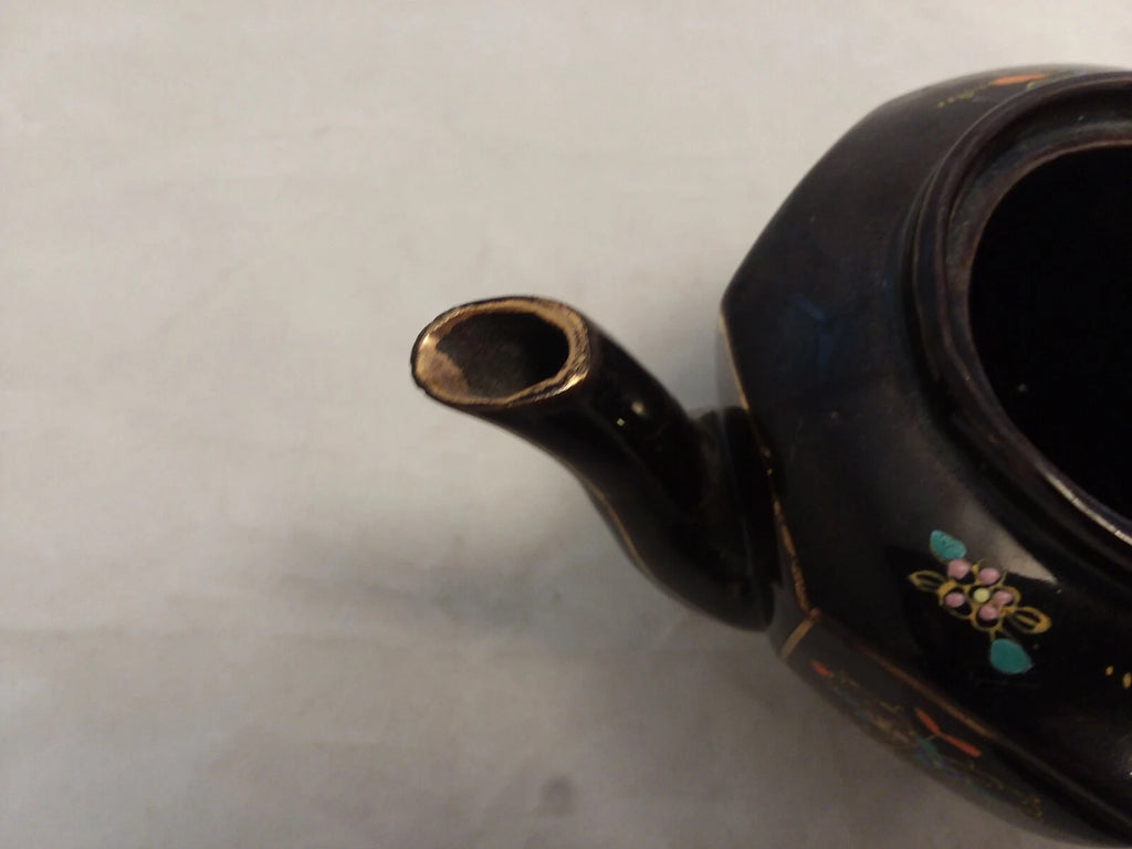 Japan Vintage Black Glazed Tea Pot Hand-painted Design Flowers Gold Trim Hexagon