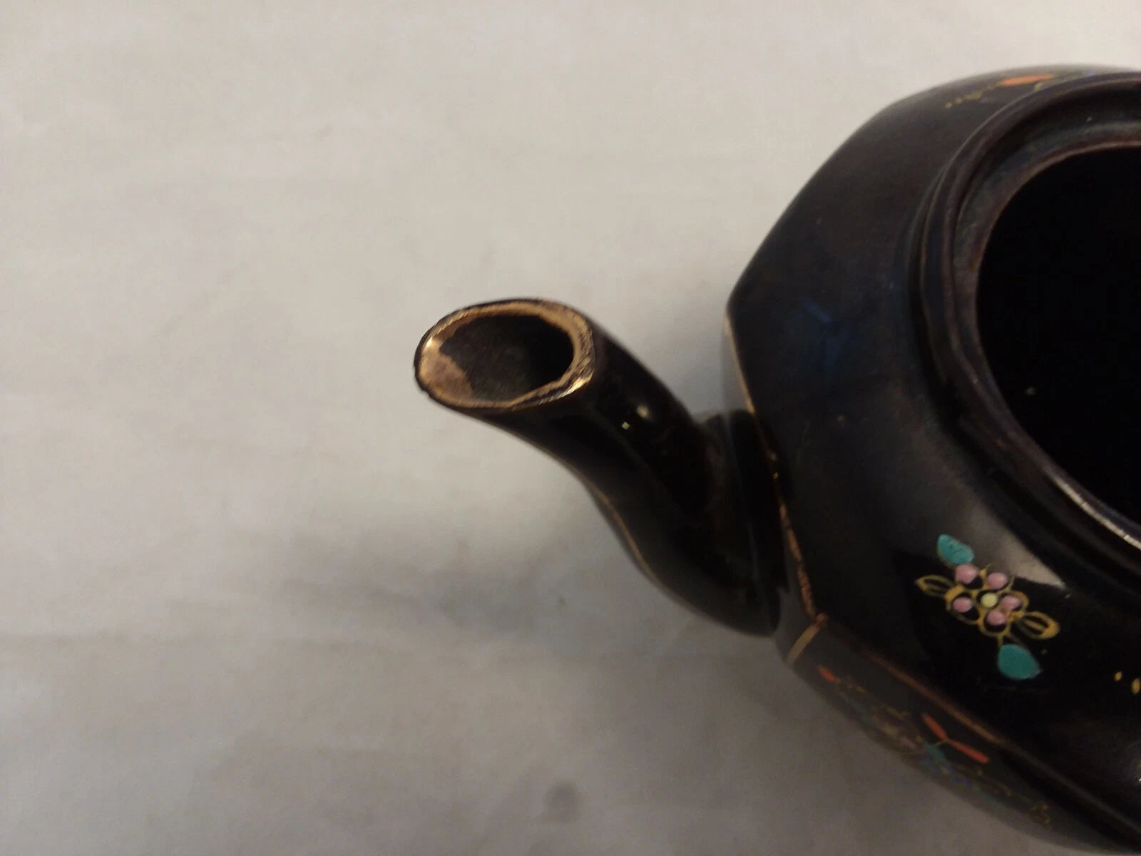 Japan Vintage Black Glazed Tea Pot Hand-painted Design Flowers Gold Trim Hexagon