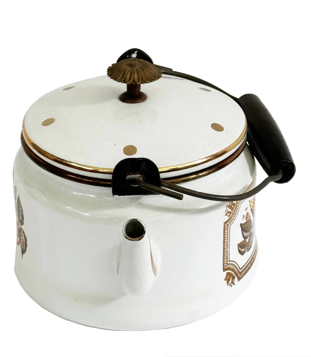 GEORGES BRIARD Tea Kettle Enamelware Fruit Vegetables Gold Accents Mid Century