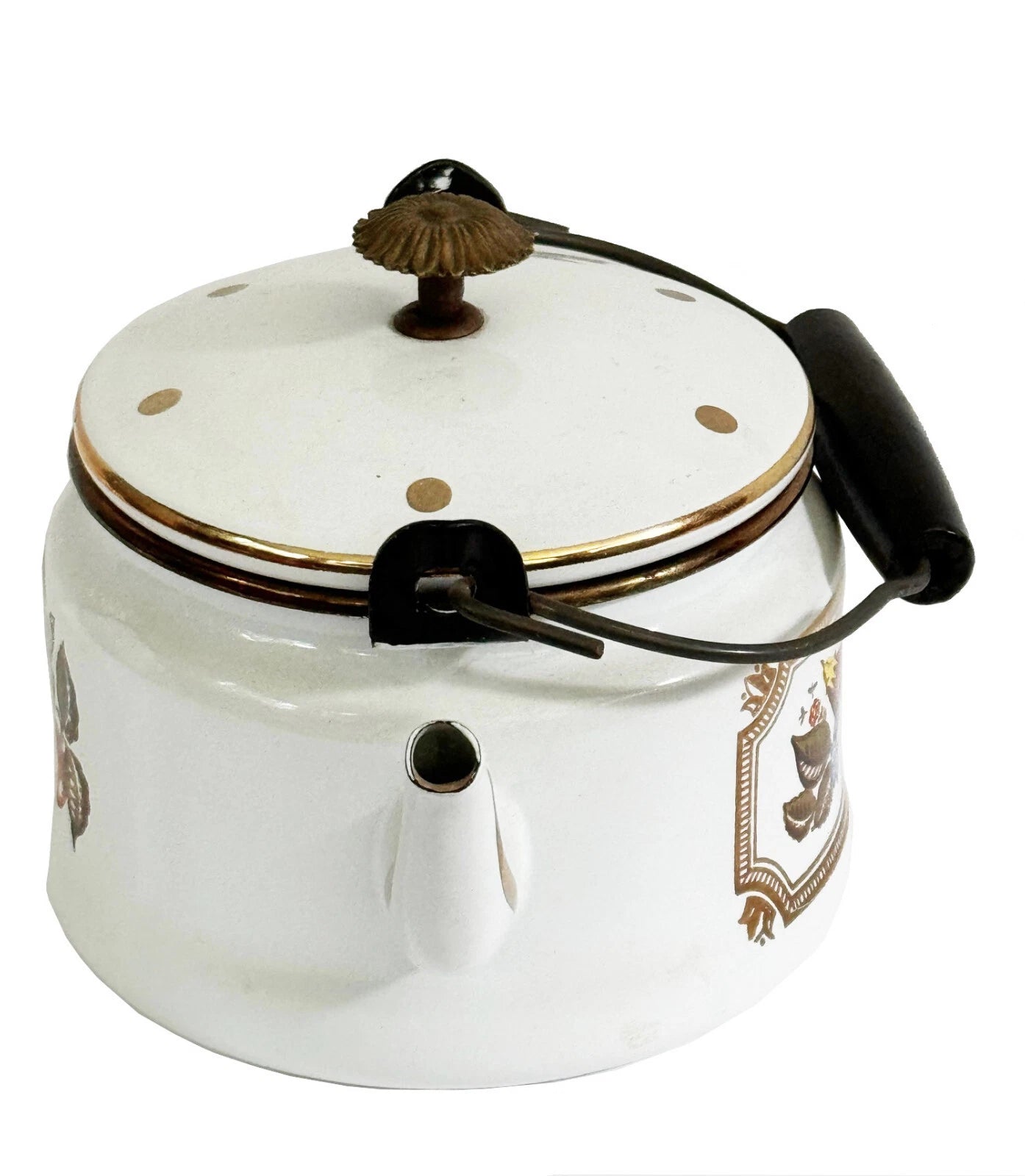 GEORGES BRIARD Tea Kettle Enamelware Fruit Vegetables Gold Accents Mid Century