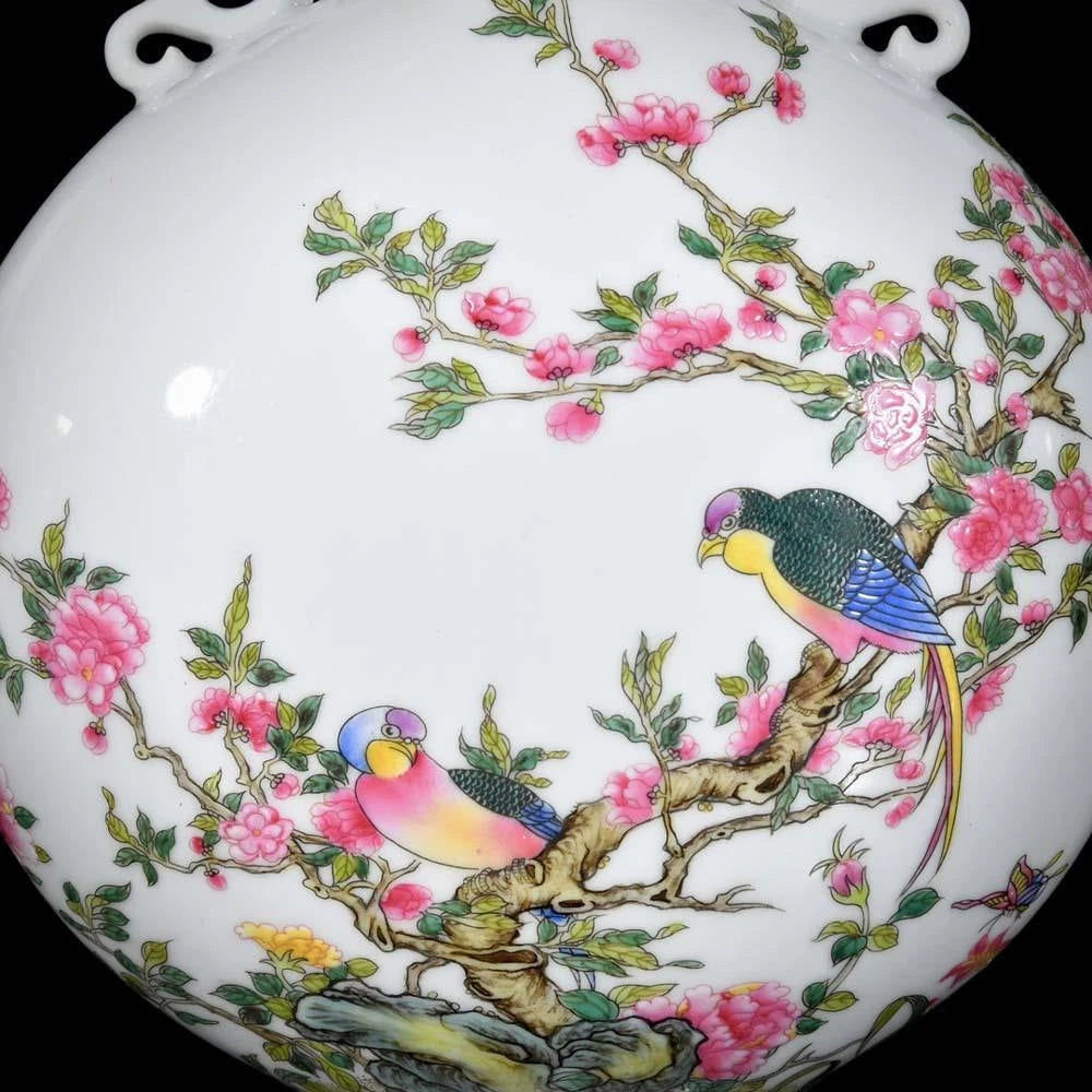 28CM Yongzheng Signed Old Chinese Colour Enamel Vase W/bird N3654