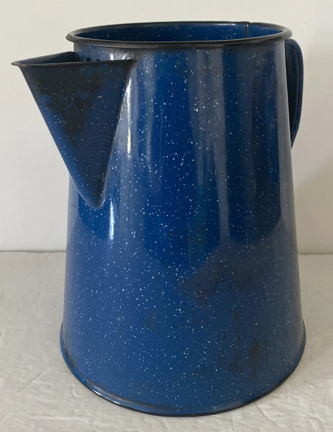 Enamelware Coffee Pot Blue White Speckled With Handle And Spout 8” Tall X 8”