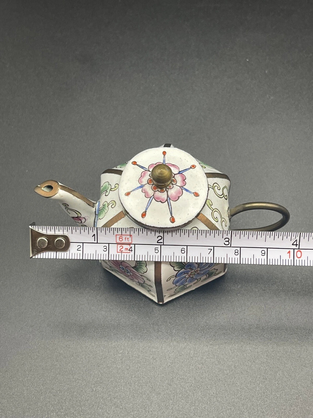 Chinemel B. Yee Enamel On Copper Miniature White Teapot W/Floral