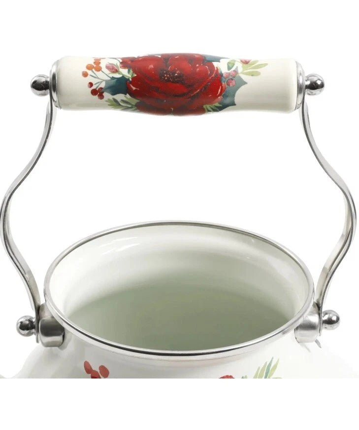 Pioneer Woman 1.9 Quart Tea Kettle Enamel on Steel Cheerful Rose Floral Design-2