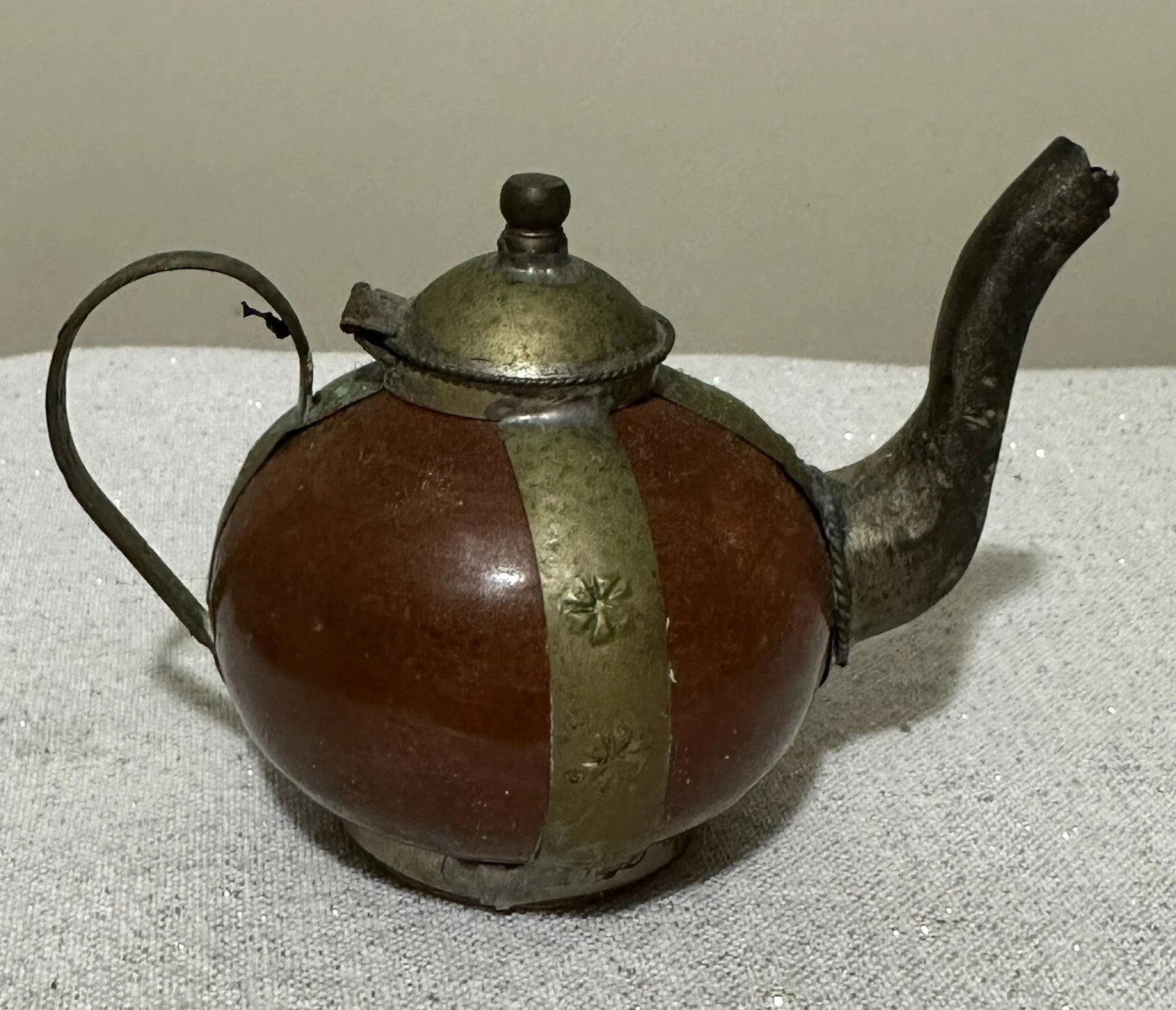 Vintage Moroccan Burnt Sienna Ceramic Ornate Brass Overlay Decorative Sm.Teapot