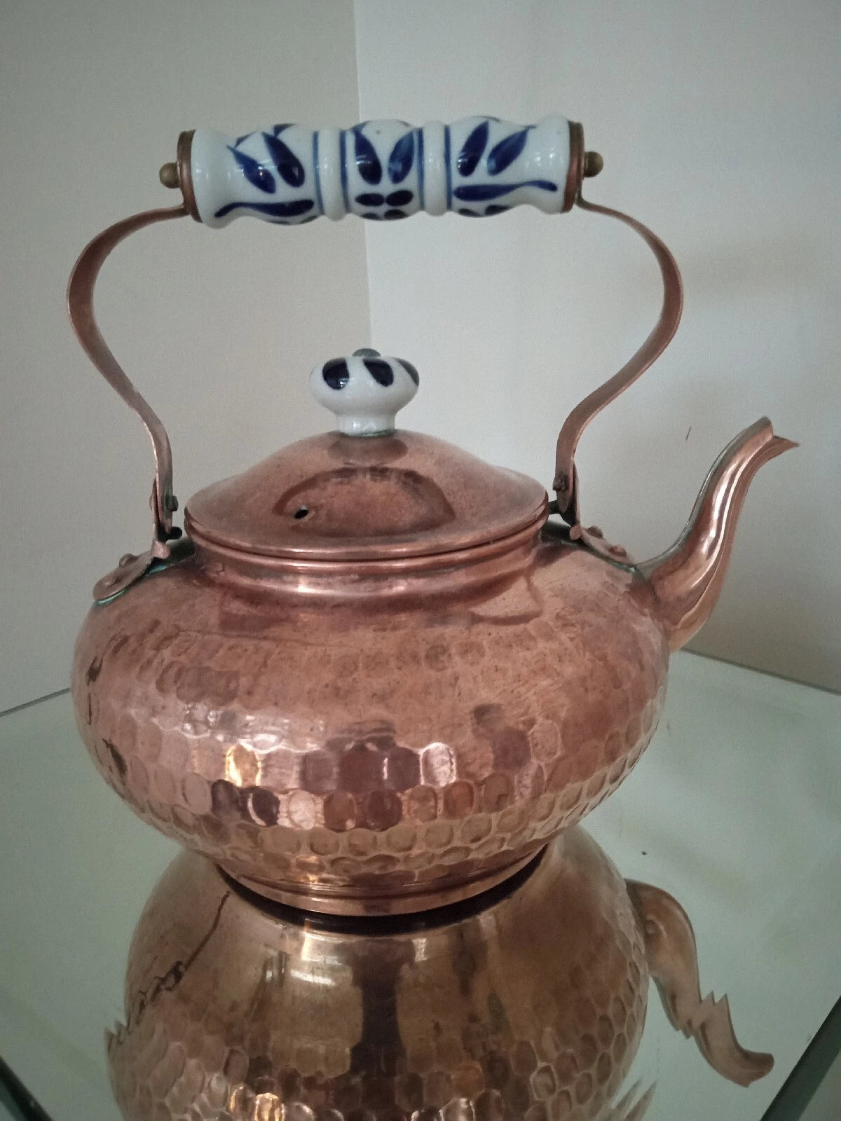 Old Vtg Copper Teapot Kettle Measuring Cup Creamer LOT of 2 Enamel Handle