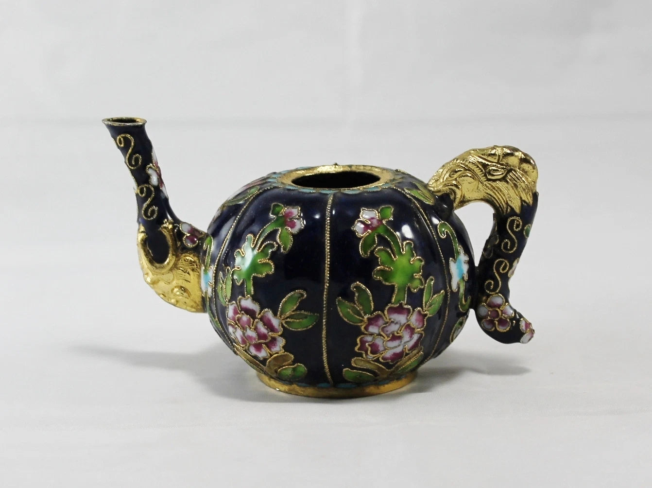 Miniature Cobal Blue Enamel Gilded Cloisonne Colorful Floral Teapot no Lid Cute