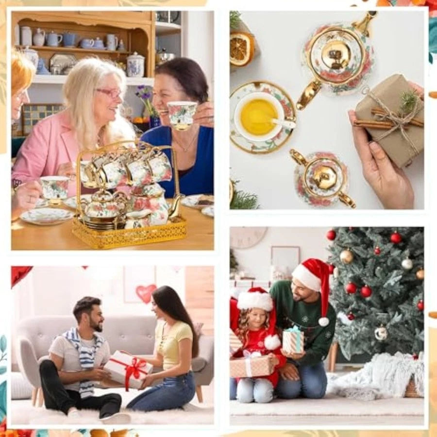 22 Pcs Gold Plated Vintage Floral Porcelain Tea Set for Adults with Me