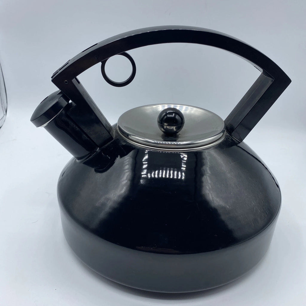 Vintage Black Enamel Tea Kettle Metal Sleek Design Silver Lid Black Knob