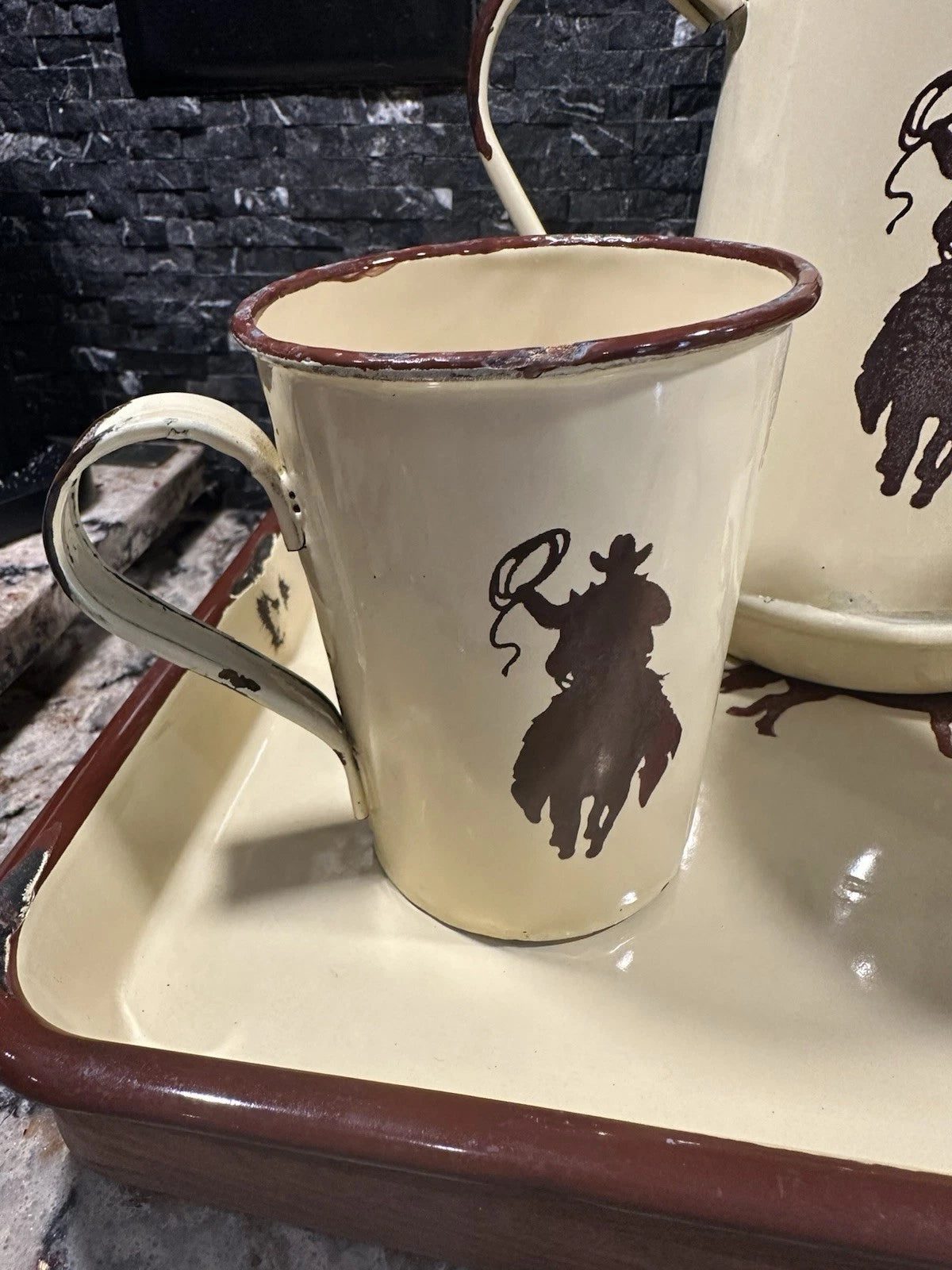Vintage Cowboy Enamelware Coffee Pot Cups & Tray Set Western Creative Co-Op