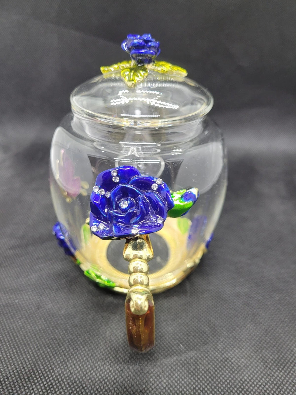 Teffania Teapot Handcrafted Crystal Glass W Blue Roses And Rhinestons 12 OZ  A12