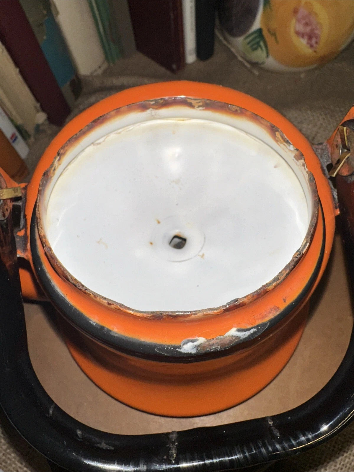 Vintage Orange Enamelware Metal Kettle Teapot  Oto Japan black handle