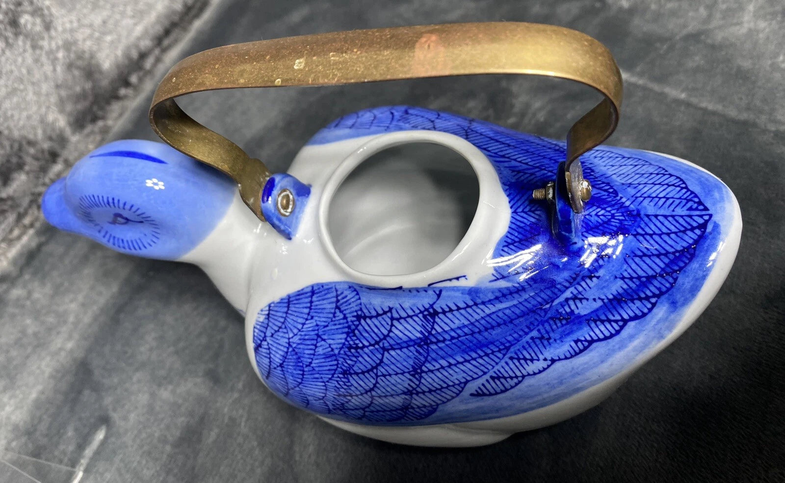 Vintage Duck Teapot, Tea Bag Holder Lid Blue White Floral Porcelain Metal Handle