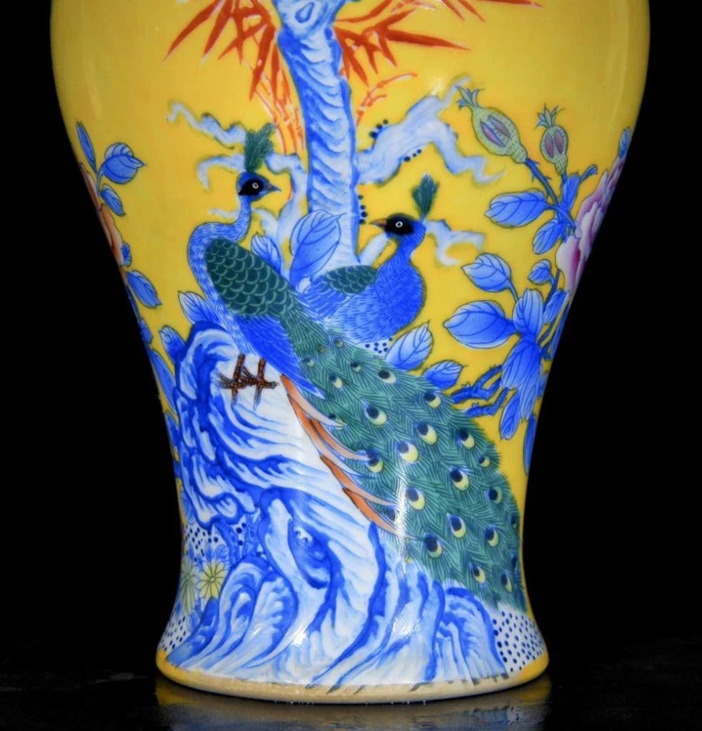 Qianlong Signed Pair Old Chinese Colour Enamel Vase W/peacock N3685