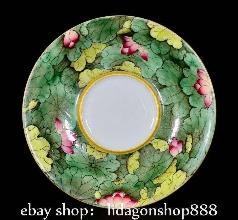 5" Qianlong Marked Enamel Porcelain Lotus Flower Leaf Pattern Lid Cup Plate Set