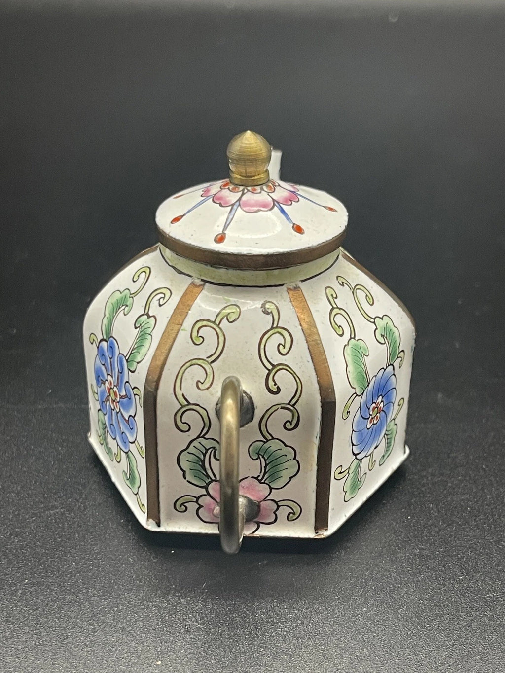 Chinemel B. Yee Enamel On Copper Miniature White Teapot W/Floral