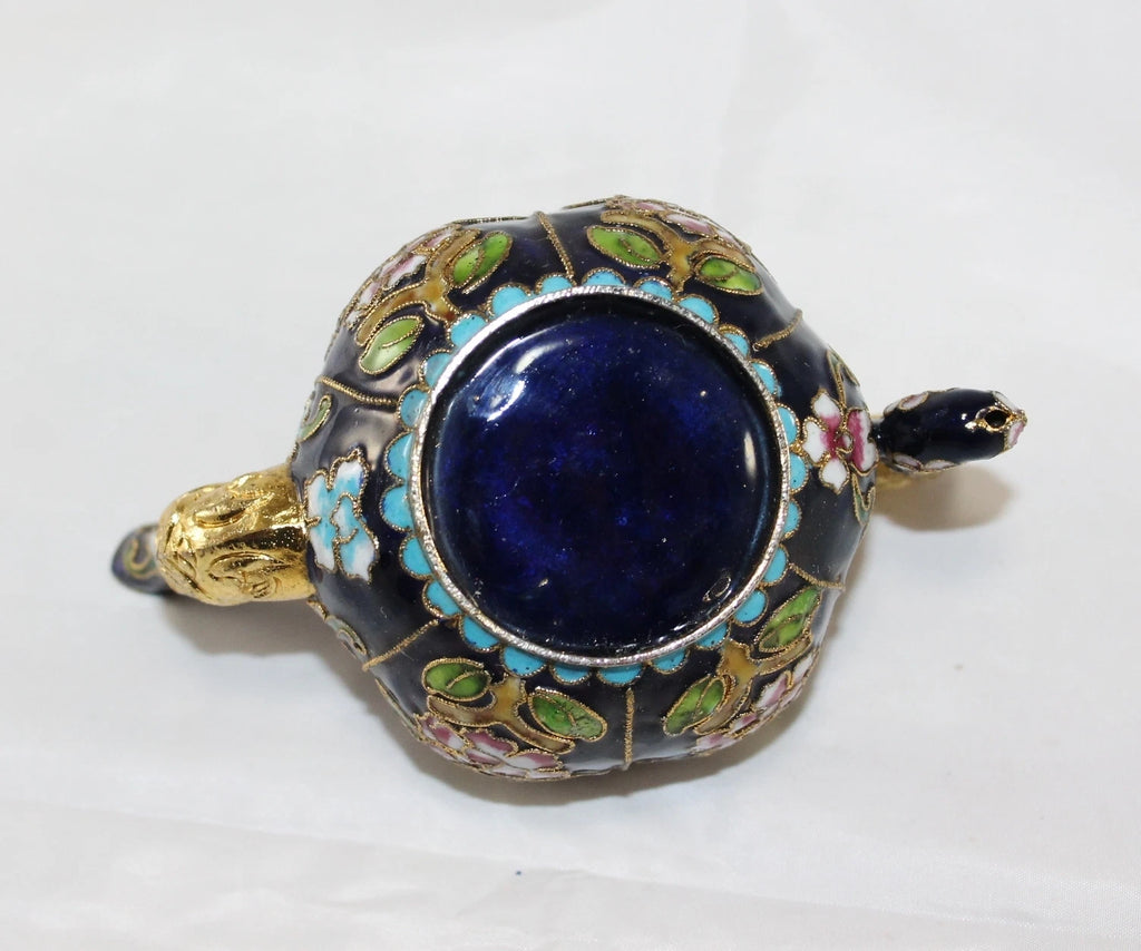 Miniature Cobal Blue Enamel Gilded Cloisonne Colorful Floral Teapot no Lid Cute