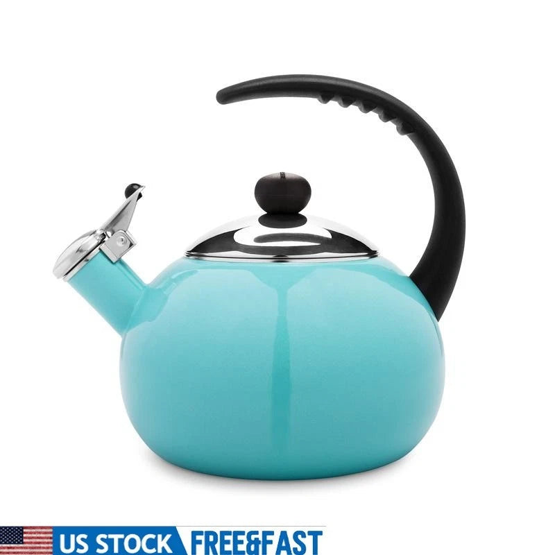 Induction Safe Enamel Tea Kettle Whistling Ergonomic Handle Kitchen Cookware New