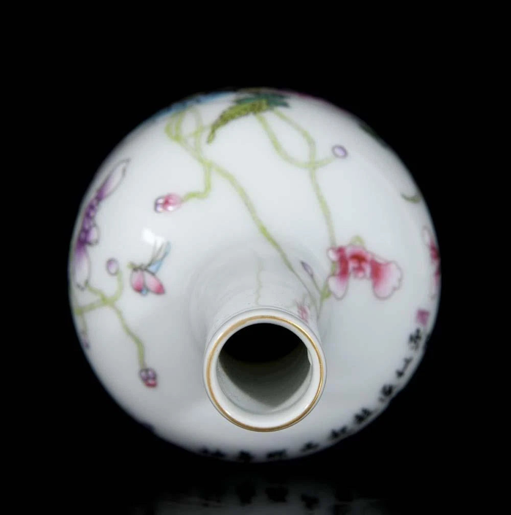 Qianlong Signed Pair Old Chinese Colour Enamel Vase W/flower N3582