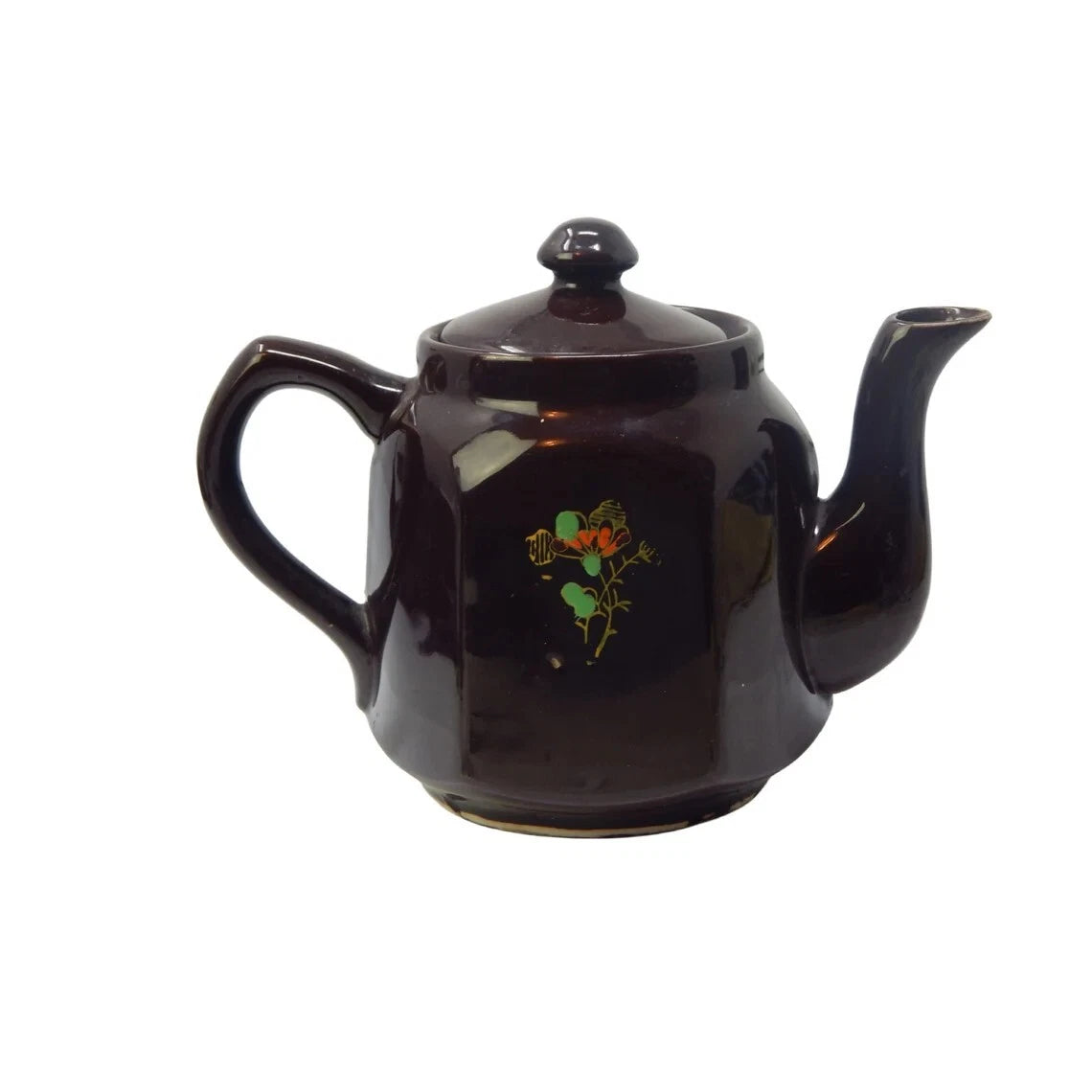 Vintage Japanese Large Teapot Moriage Terracotta Brown Glaze Floral Hexagon