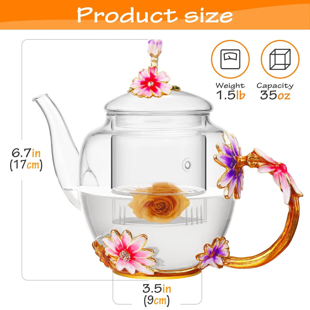 35OZ Enamel Glass Flower Teapot With Removable Loose Tea Leaf Infuser Tea Mak...