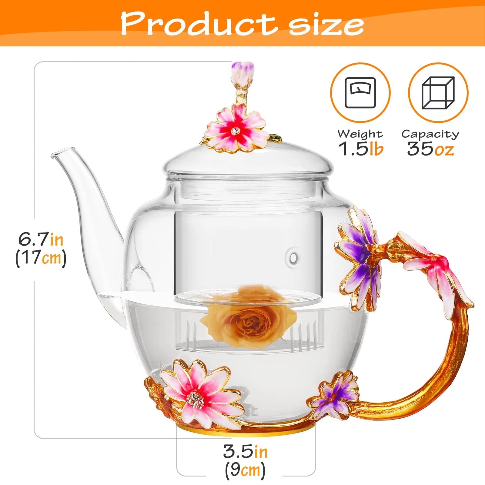 35OZ Enamel Glass Flower Teapot With Removable Loose Tea Leaf Infuser Tea Mak...