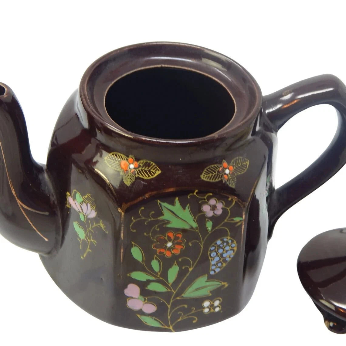 Vintage Japanese Large Teapot Moriage Terracotta Brown Glaze Floral Hexagon