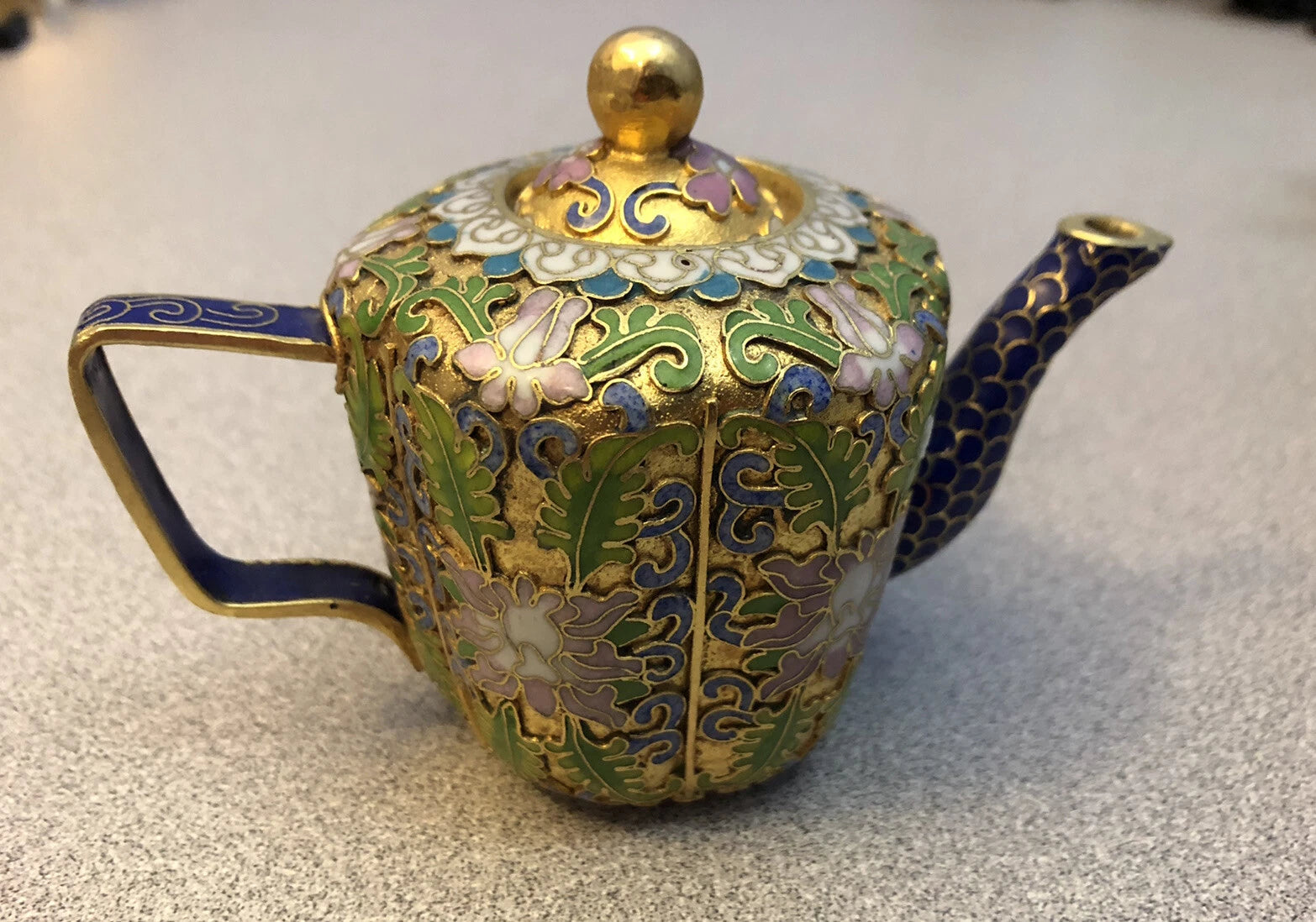 Vintage Cloisonne Enamel and Bronze Floral Teapot Blue Tip, White Top
