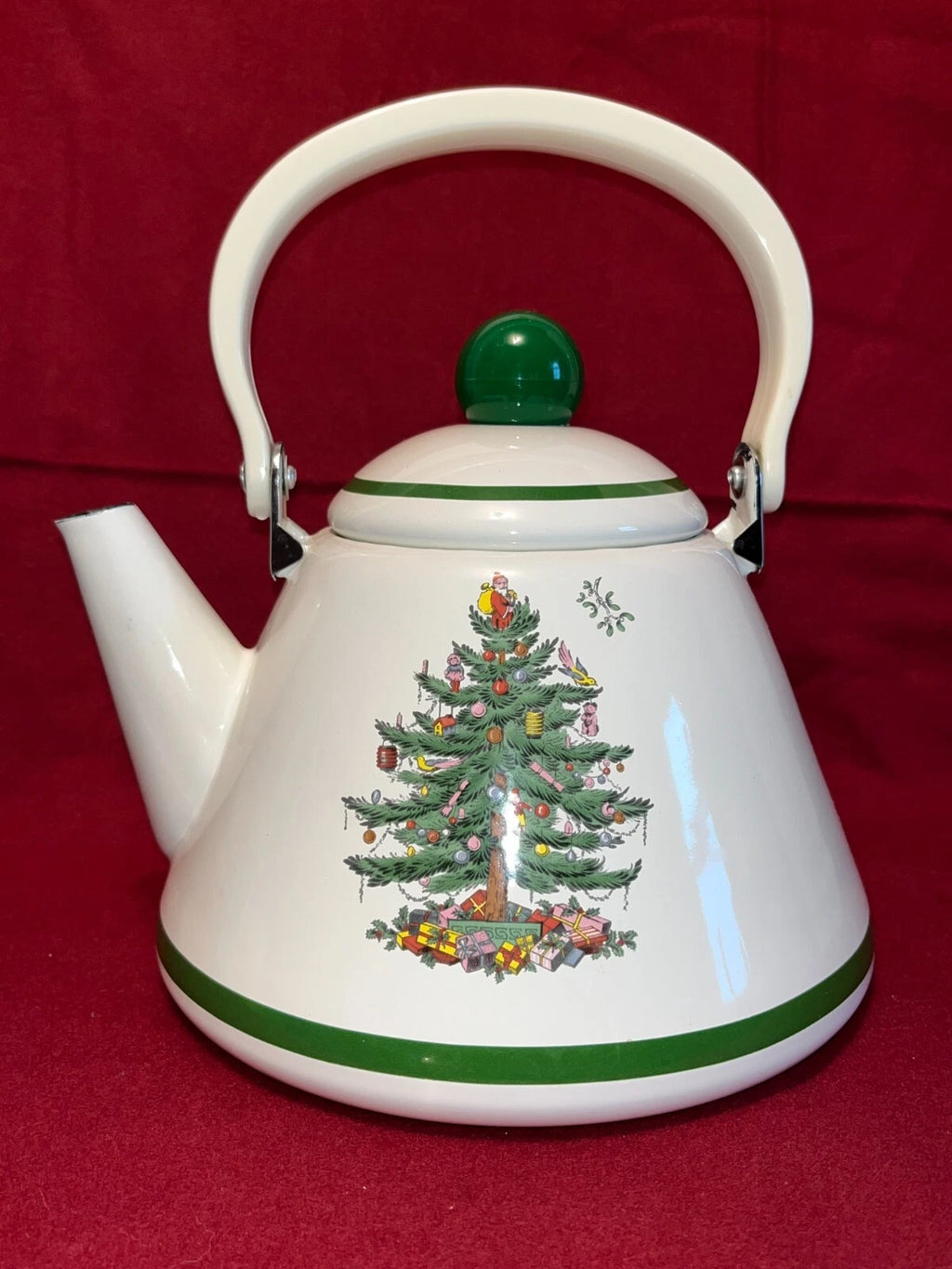 Vintage Spode Christmas Tree Enamel Teapot Kettle With Lid Good Condition