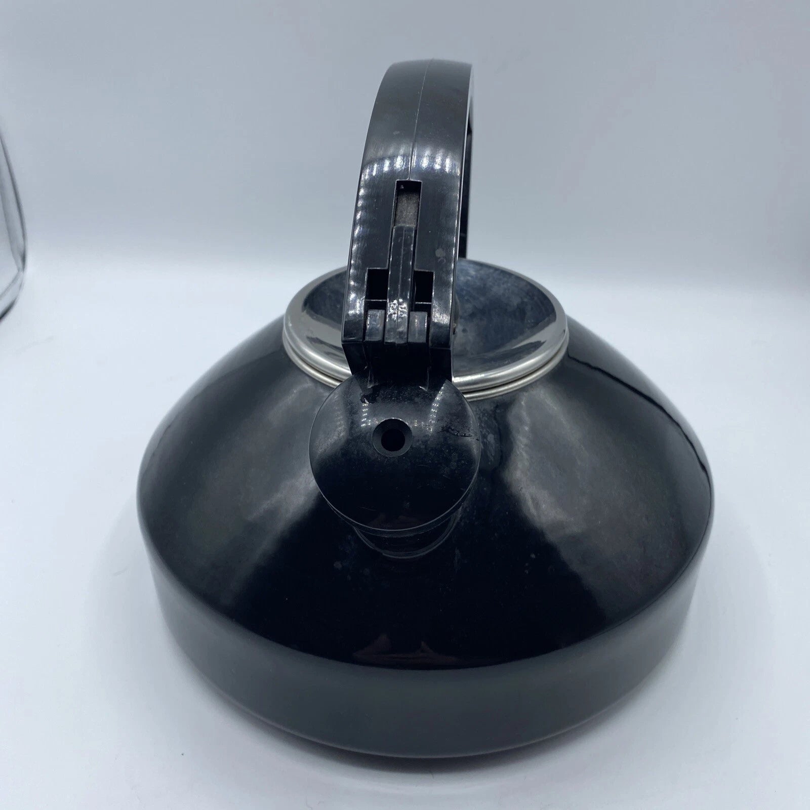 Vintage Black Enamel Tea Kettle Metal Sleek Design Silver Lid Black Knob