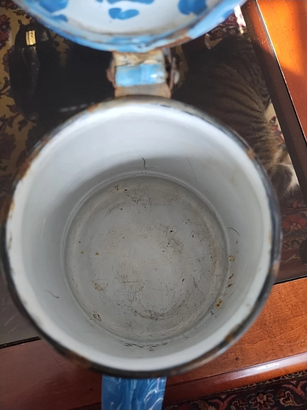 Vintage French Blue Splatterware Enamel Pitcher Perfectly Primitive Coffee...