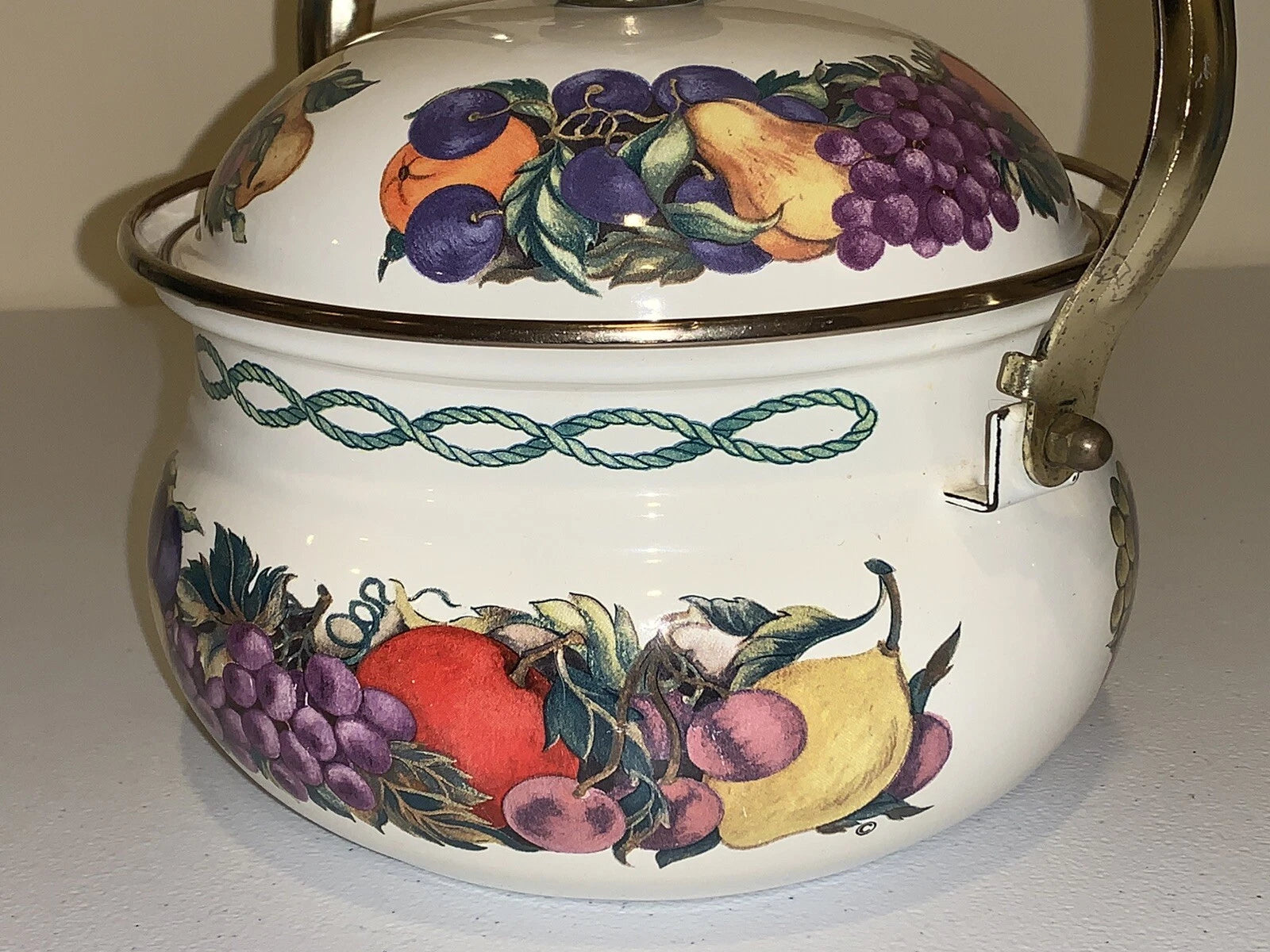 Vintage Enamel Cornucopia Tea Kettle Fruits & Copper Trim VGC