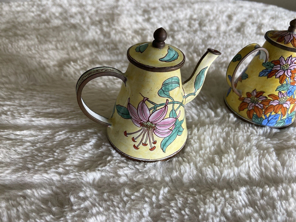 Collector’s Hand Painted Enamel Teapot Flowers  Butterflies Kelvin Chen Unsigned