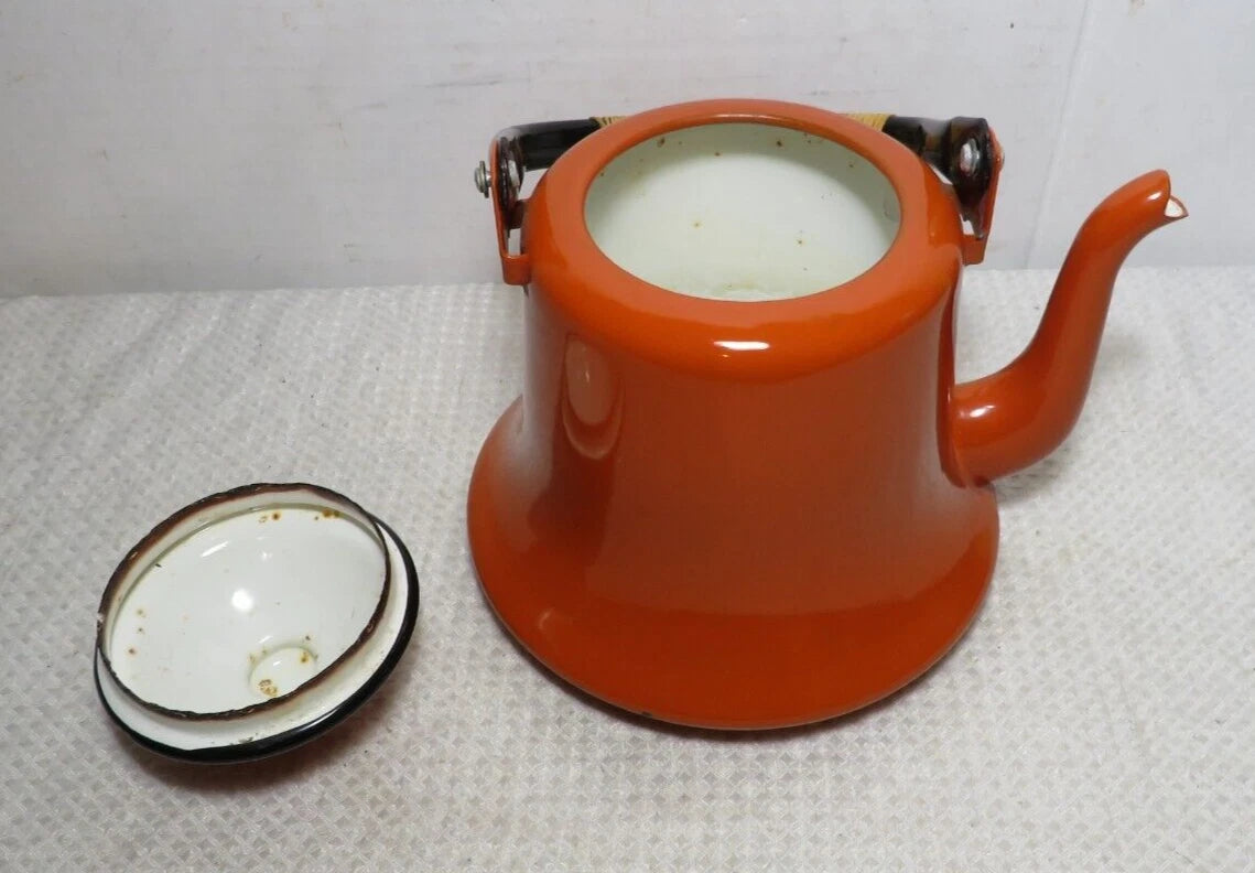 Vintage MCM Orange Black Baked Enamelware Tea Pot Kettle Japan Mod Kitchen