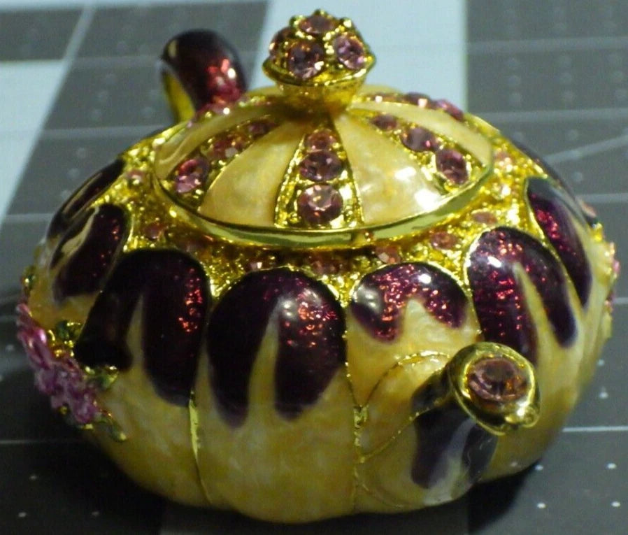 beautiful teapot trinket pill box enamel pink rhinestone roses lidded heavy