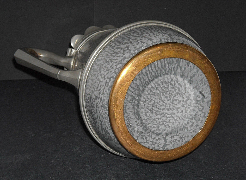 Excellent Early (1890 - 1905) Tall Grey Graniteware Teapot - Pewter Trimmed