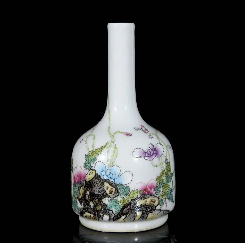 Qianlong Signed Pair Old Chinese Colour Enamel Vase W/flower N3582
