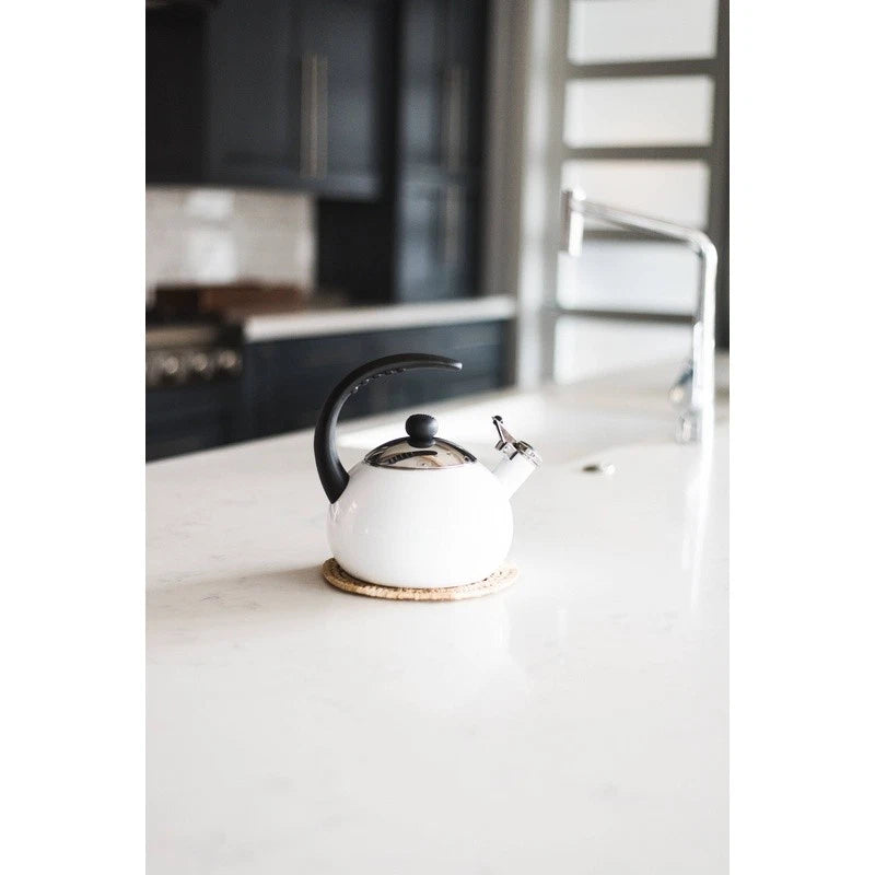 Porcelain Enamel Tea Kettle Stainless Steel Lid Bakelite Handle Stay Cool White