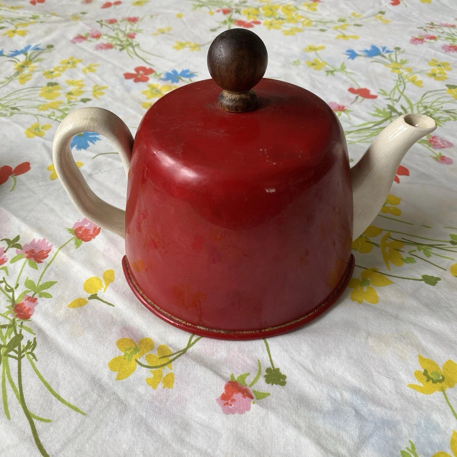 Vintage Red Metal Cover Insulated Teapot Coffee Pot by Vicki made in Japan