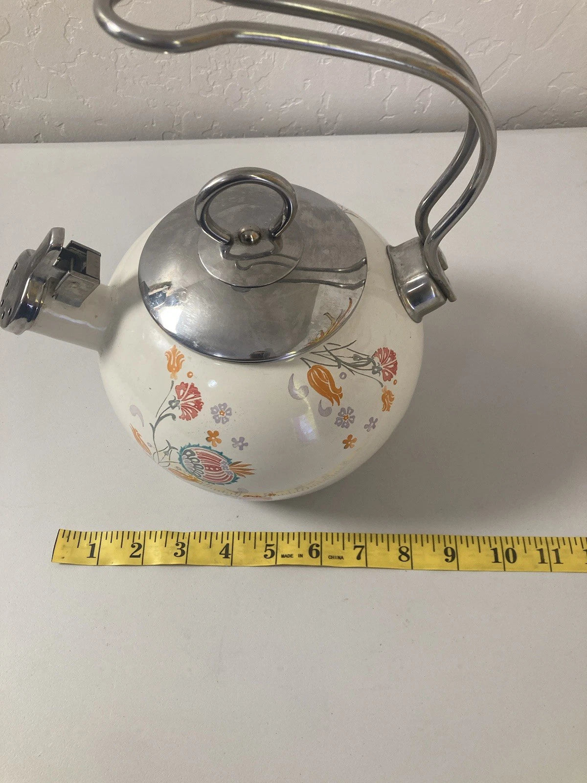 World Market White Orange Floral Pattern Oven Safe Tea Pot Kettle