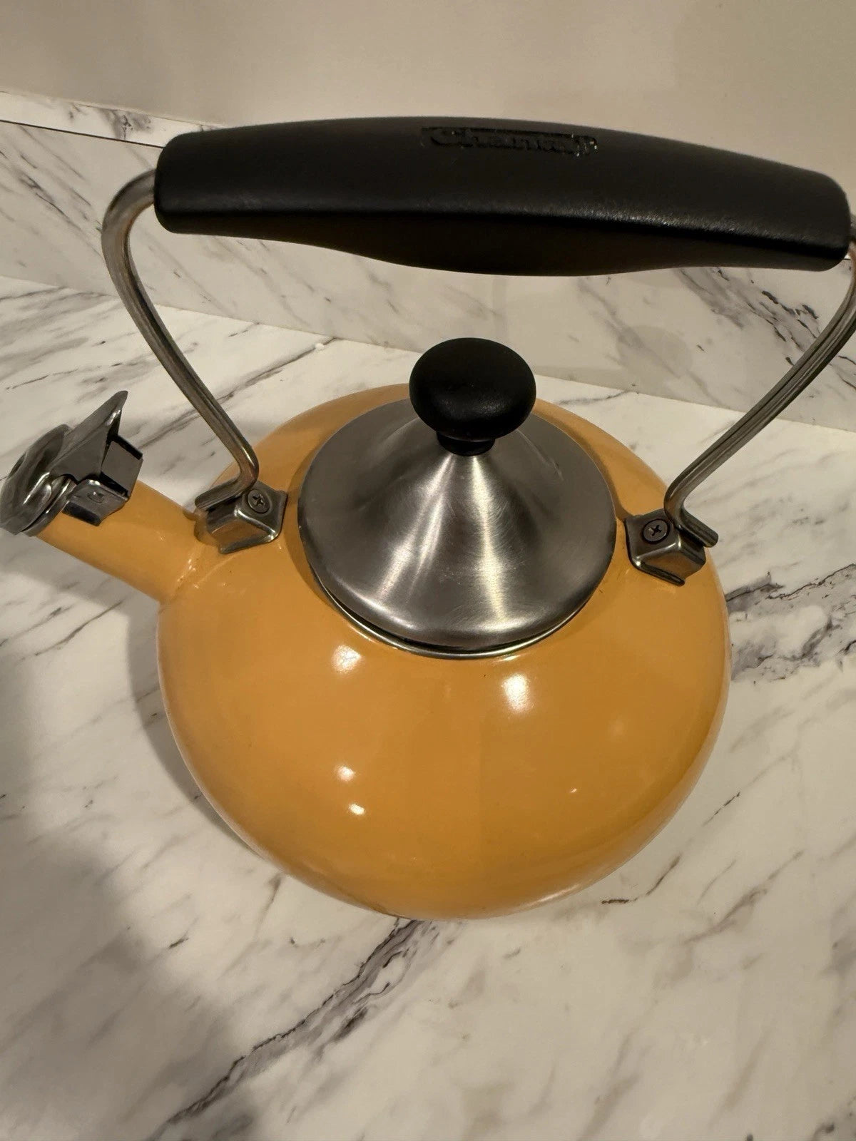 Vintage Chantal Whistling Tea Kettle Yellow Orange Enamel Color Metal