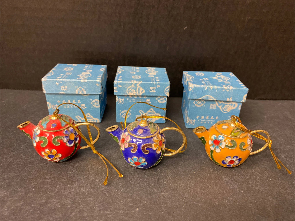 Miniature Cloisonne Teapot Ornaments Enamel Floral Lot of 3