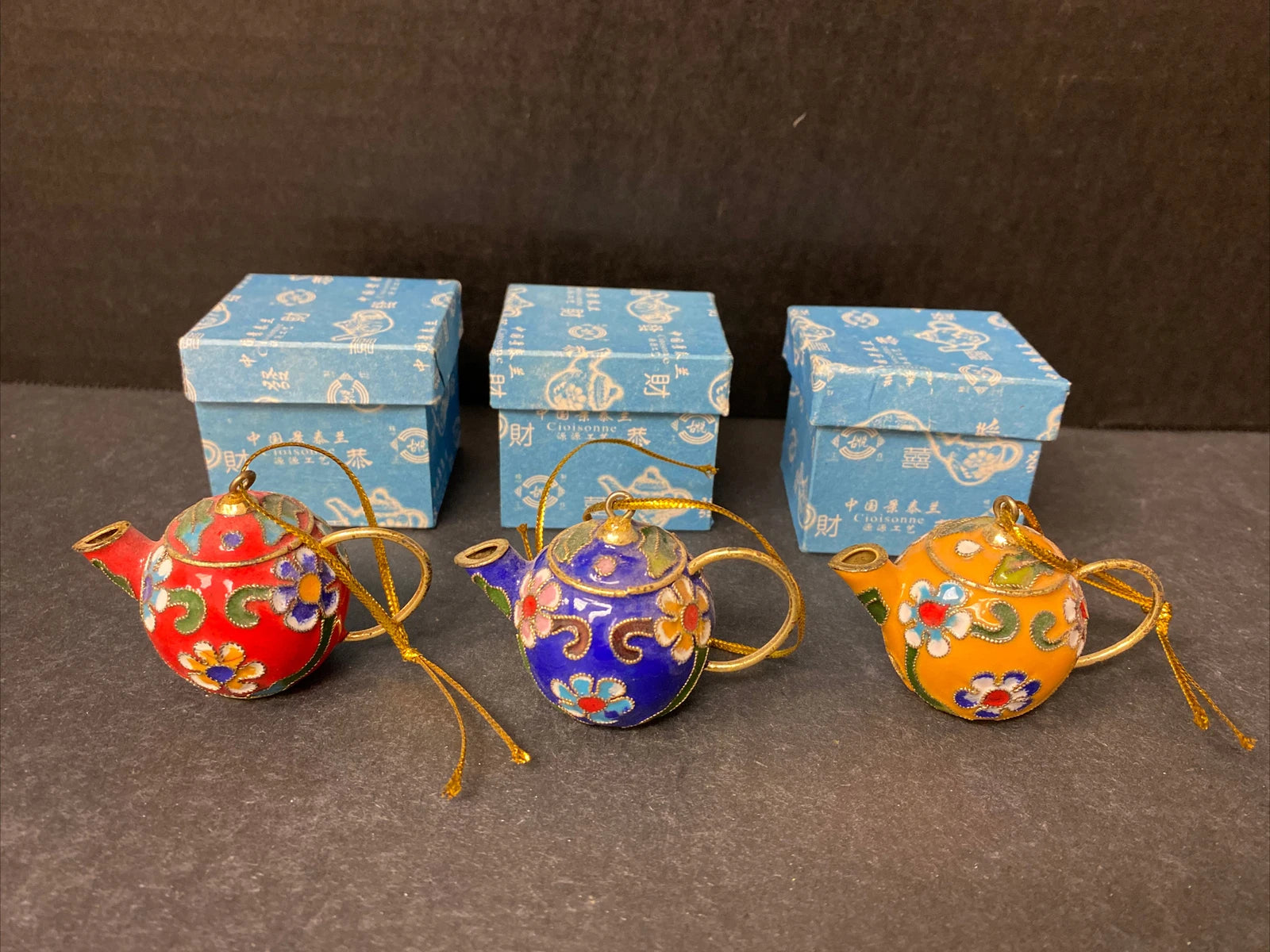 Miniature Cloisonne Teapot Ornaments Enamel Floral Lot of 3