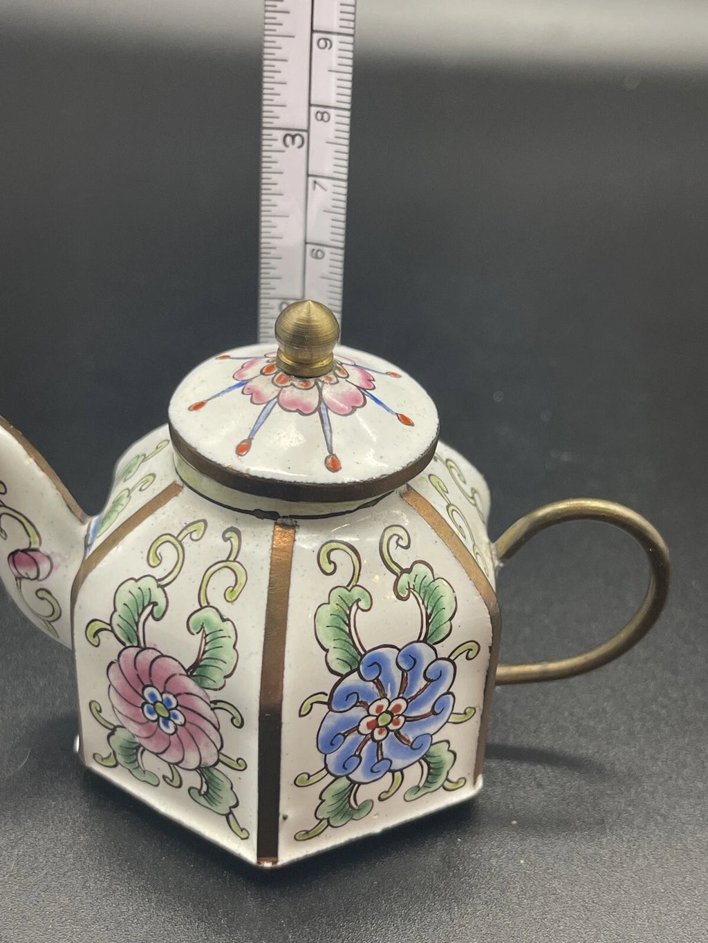 Chinemel B. Yee Enamel On Copper Miniature White Teapot W/Floral