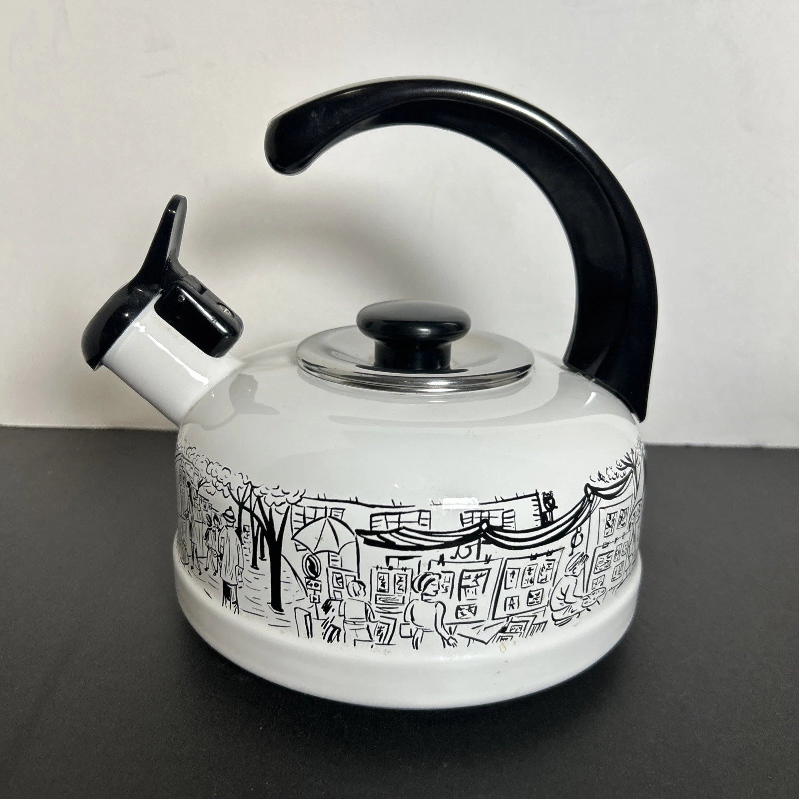 Vintage Mikasa Enamelware Parisian Scenes Whistling Tea Kettle