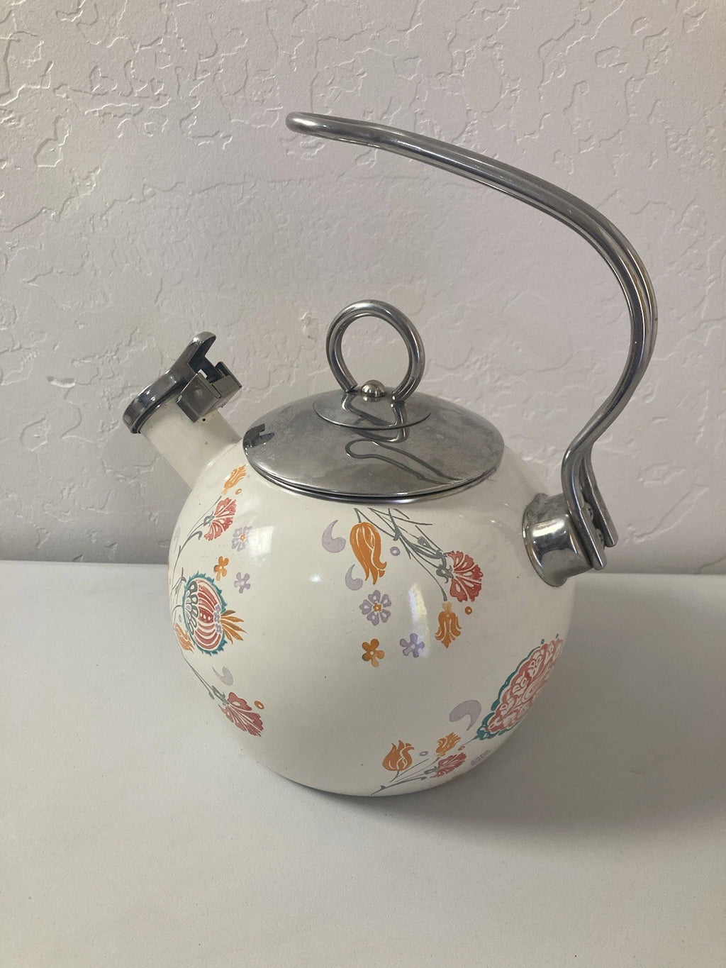 World Market White Orange Floral Pattern Oven Safe Tea Pot Kettle