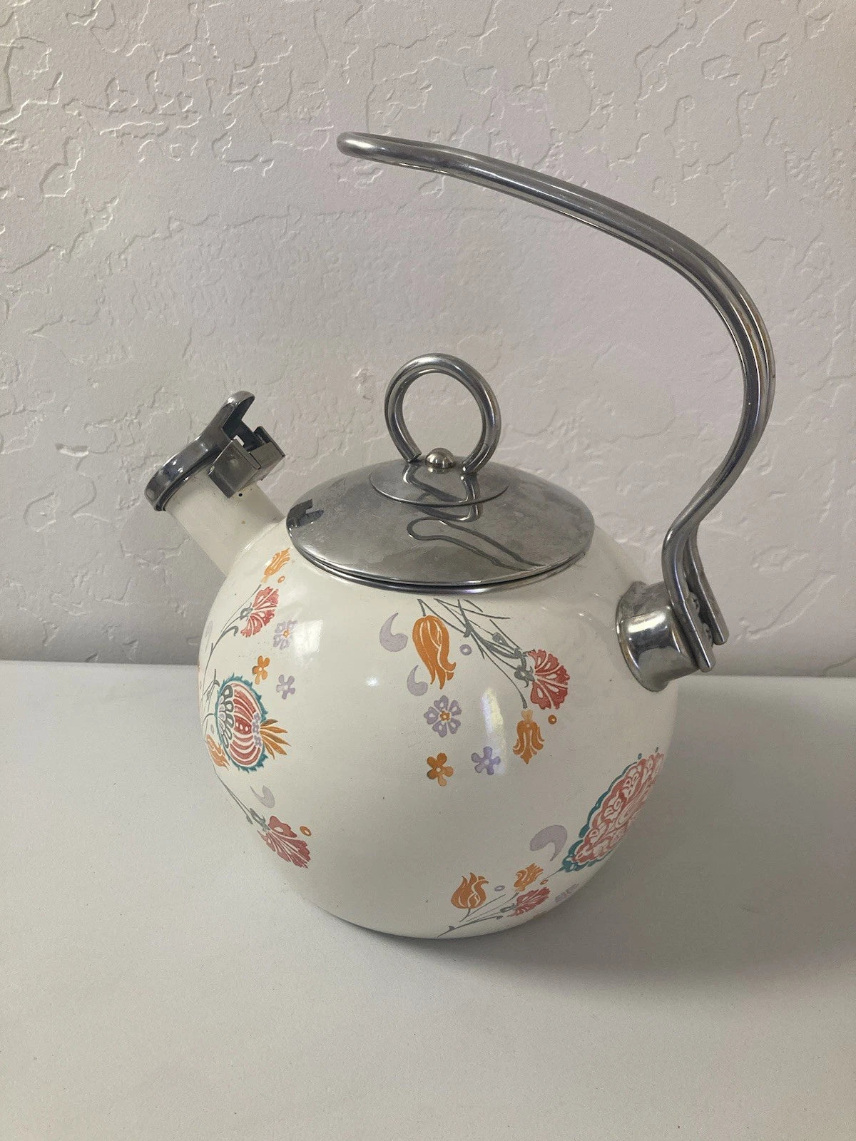 World Market White Orange Floral Pattern Oven Safe Tea Pot Kettle