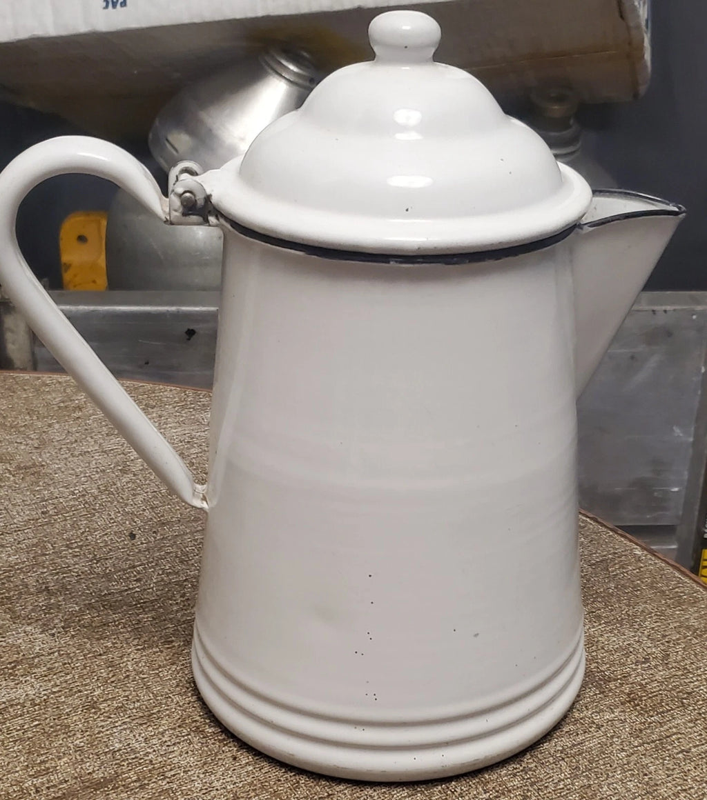 Graniteware Teapot White with Black Trim Enamelware Coffee Pot Vintage