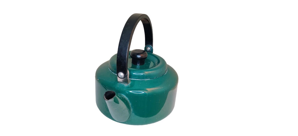 Vintage Teal Green Enamel Tea Kettle with Black Plastic Handle