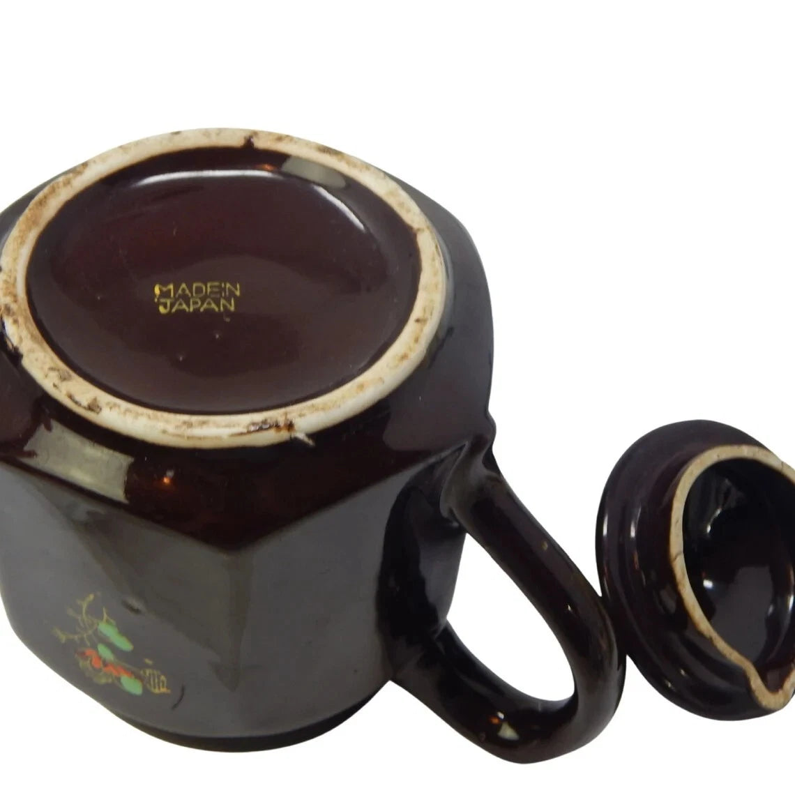 Vintage Japanese Large Teapot Moriage Terracotta Brown Glaze Floral Hexagon
